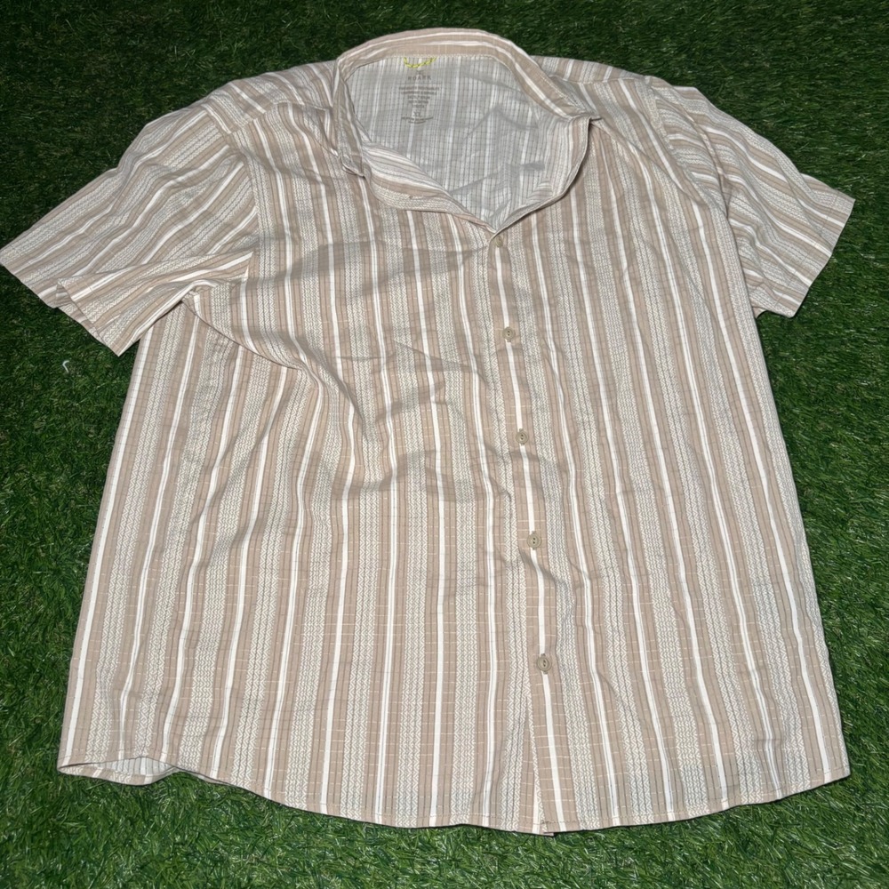 Roark Bless Up Shirt Mens XL Tan White Striped Perforated Breathable Button Down